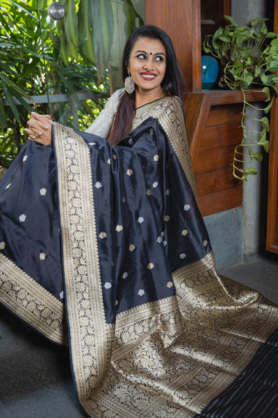 Kalindi - Black Banarasi Katan silk handwoven saree