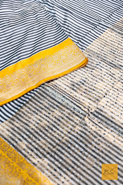Vilohitha- Black-White & Yellow Banarasi Katan Silk Handwoven Saree