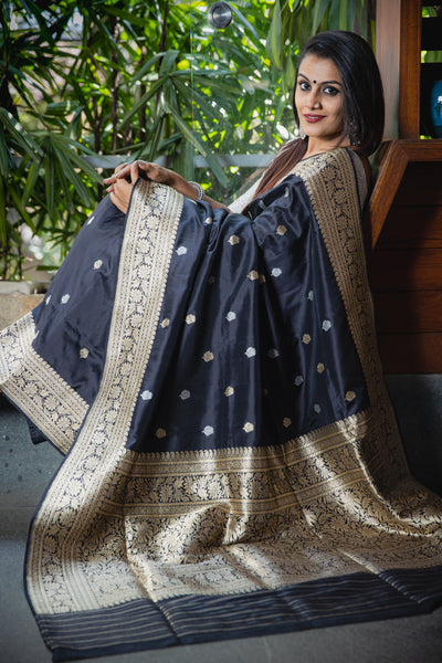 Kalindi - Black Banarasi Katan silk handwoven saree