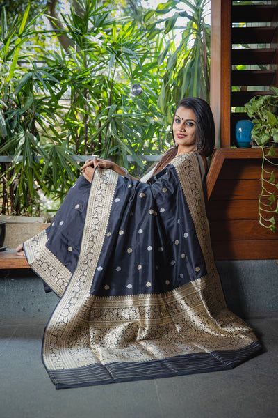 Kalindi - Black Banarasi Katan silk handwoven saree