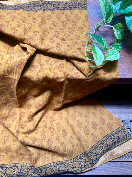 Step out in style with this hand printed Mustard Maheshwari saree! Crafted from silk cotton and printed in bold Bagh, Madhya pradesh designs, it's easy to drape and perfect for any special occasion. Soak up the compliments with this gorgeous, comfortable and dressy saree!