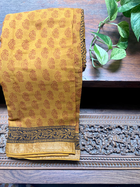 Step out in style with this hand printed Mustard Maheshwari saree! Crafted from silk cotton and printed in bold Bagh, Madhya pradesh designs, it's easy to drape and perfect for any special occasion. Soak up the compliments with this gorgeous, comfortable and dressy saree!