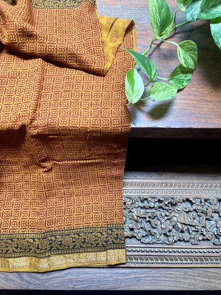 Step out in style with this hand printed Mustard Maheshwari saree! Crafted from silk cotton and printed in bold Bagh, Madhya pradesh designs, it's easy to drape and perfect for any special occasion. Soak up the compliments with this gorgeous, comfortable and dressy saree!