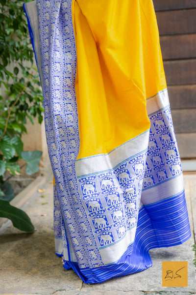 Manjal Yellow- blue Banarasi Tussar Silk Handwoven Saree