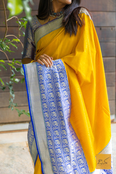 Manjal Yellow- blue Banarasi Tussar Silk Handwoven Saree