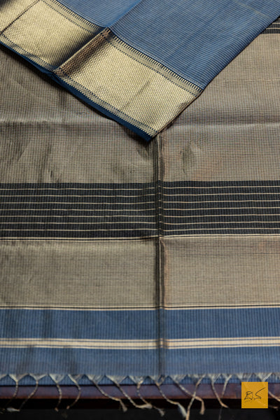 Brunda- Navy Blue Tissue Maheshwari Silk Cotton Handwoven Saree
