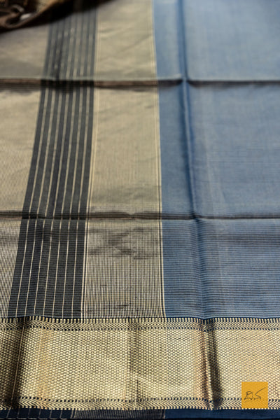 Brunda- Navy Blue Tissue Maheshwari Silk Cotton Handwoven Saree