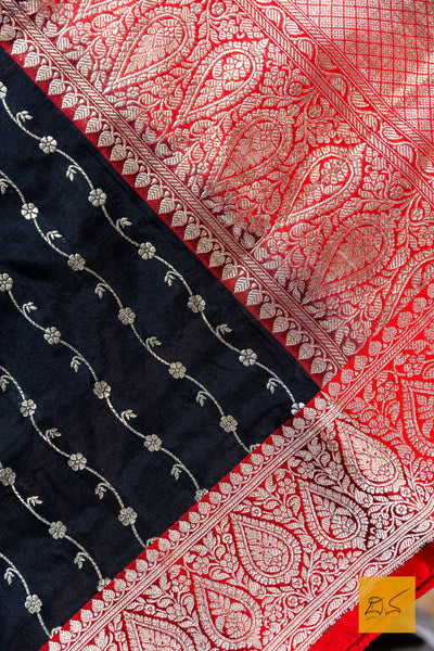 Black & Red Banarasi Katan Silk Handwoven Saree