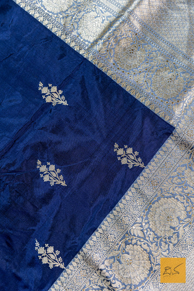 Blue & Grey Banarasi Katan Silk Handwoven Saree