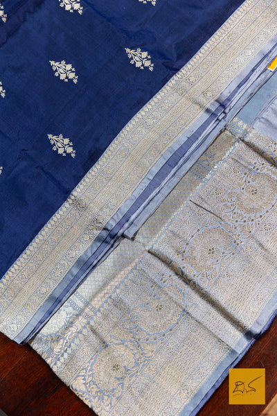 Blue & Grey Banarasi Katan Silk Handwoven Saree