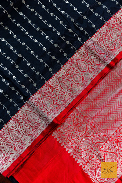 Black & Red Banarasi Katan Silk Handwoven Saree