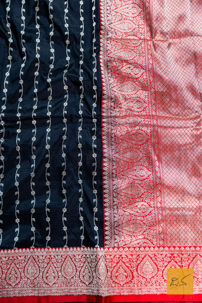 Black & Red Banarasi Katan Silk Handwoven Saree