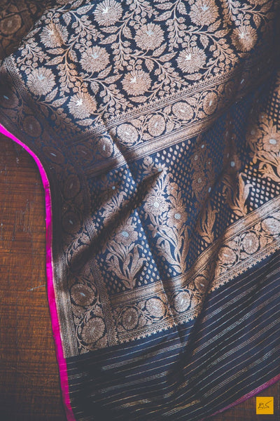 A beautiful banarasi katan silk handwoven brocade saree with meenakari in Rupa zari. The body of the saree has full brocade work in antique zari. The blouse is in pink colour. New trend of Banarasi Saree designs, Banarasi Saree for artists, art lovers, architects, saree lovers, Saree connoisseurs, musicians, dancers, doctors, Banarasi katan silk saree, indian saree images, latest sarees with price, only saree images, new Banarasi saree design.