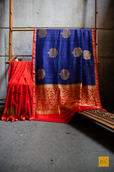 Pranavi - Dark Blue & Red banarasi matka silk handwoven saree