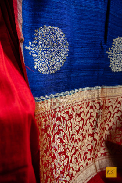 Pranavi - Dark Blue & Red banarasi matka silk handwoven saree