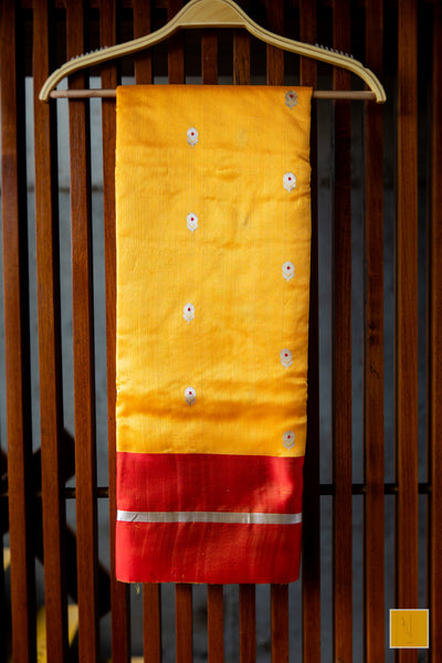 Bumblebee yellow handwoven chanderi silk saree with meenakari buttas and red mashru border.  This yellow tone Chanderi silk sare will add glamour to your wardrobe. Saree gets a completed look with the eknaliya buttas with red meenakari and red mashru border. The saree is extremely soft and very easy to drape.