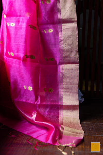 Enchanting Pink Handwoven Chanderi Silk Dupatta with Meenakari Buttas