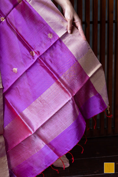 Beaming Magenta  chanderi handwoven silk dupatta with meenakari eknaliya buttas.   A beautiful orchid purple chanderi silk dupatta with meenakari eknaliya buttas. Soft and easy to drape.   Fabric- Pure silk  Colour-Orchid Purple