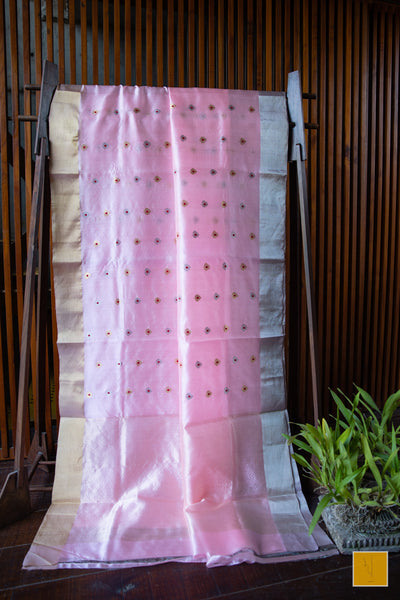 This is a gorgeous Handwoven Chanderi Silk Saree With Meenakari Buttas. New trend of Silk Saree designs, Silk Saree for artists, art lovers, architects, saree lovers, Saree connoisseurs, musicians, dancers, doctors, Silk Saree, indian saree images, latest sarees with price, only saree images, new Silk saree design.