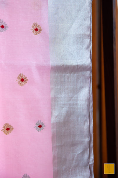 This is a gorgeous Handwoven Chanderi Silk Saree With Meenakari Buttas. New trend of Silk Saree designs, Silk Saree for artists, art lovers, architects, saree lovers, Saree connoisseurs, musicians, dancers, doctors, Silk Saree, indian saree images, latest sarees with price, only saree images, new Silk saree design.