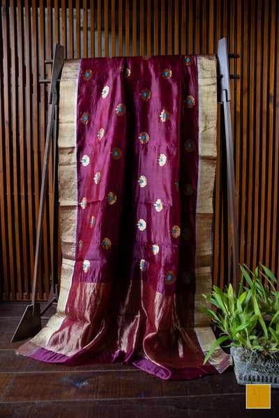 This is a gorgeous Handwoven Chanderi Silk Saree With Meenakari Buttas. New trend of Silk Saree designs, Silk Saree for artists, art lovers, architects, saree lovers, Saree connoisseurs, musicians, dancers, doctors, Silk Saree, indian saree images, latest sarees with price, only saree images, new Silk saree design.