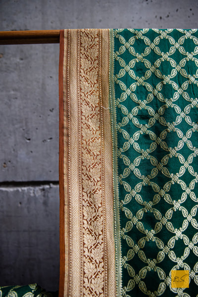 WE are a part of NATURE! A perfect banarasi georgette saree in shades of green and brown, for this wedding and festive season. This sari with zari jaal goes well with a gajra.