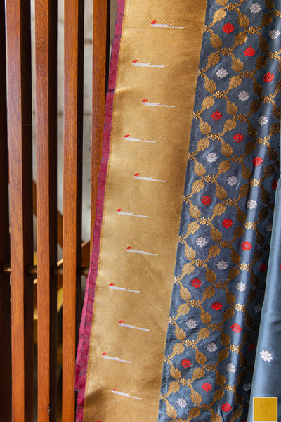 This is a gorgeous Banarasi katan silk handwoven saree with paithani muniya border and intricate kadhwa weave and meenakari buttas. New trend of Silk Saree designs, Silk Saree for artists, art lovers, architects, saree lovers, Saree connoisseurs, musicians, dancers, doctors, Silk Saree, indian saree images, latest sarees with price, only saree images, new Silk saree design.