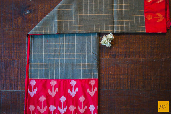 This is a gorgeous Banarasi Linen Silk handwoven Saree with zari checks woven on the body. The body is woven in linen and the border, pallu and blouse are woven in silk. The blouse is in red colour with woven border. New trend of Banarasi Saree designs, Banarasi Saree for artists, art lovers, architects, saree lovers, Saree connoisseurs, musicians, dancers, doctors, Banarasi silk saree, indian saree images, latest sarees with price, only saree images, new Banarasi saree design.