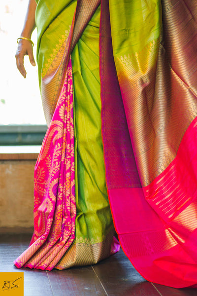 This is a gorgeous Banarasi silk handwoven Saree where the pink part has beautifully woven mango pattern zari work and it is in pure silk. The plain green part is of tussar silk. The blouse is in pink with woven border. New trend of Banarasi Saree designs, Banarasi Saree for artists, art lovers, architects, saree lovers, Saree connoisseurs, musicians, dancers, doctors, Banarasi silk saree, indian saree images, latest sarees with price, only saree images, new Banarasi saree design.