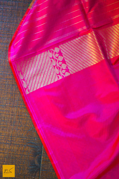 This is a gorgeous Banarasi silk handwoven Saree where the pink part has beautifully woven mango pattern zari work and it is in pure silk. The plain green part is of tussar silk. The blouse is in pink with woven border. New trend of Banarasi Saree designs, Banarasi Saree for artists, art lovers, architects, saree lovers, Saree connoisseurs, musicians, dancers, doctors, Banarasi silk saree, indian saree images, latest sarees with price, only saree images, new Banarasi saree design.