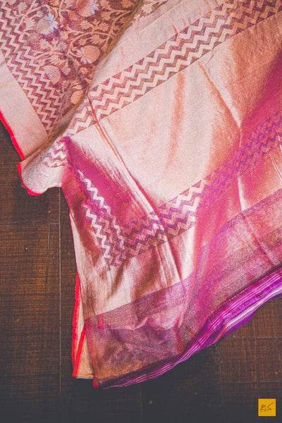 This is a gorgeous net Banarasi handwoven silk Saree with pink body and a red slevedge. New trend of Banarasi Saree designs, Banarasi Saree for artists, art lovers, architects, saree lovers, Saree connoisseurs, musicians, dancers, doctors, Banarasi silk saree, indian saree images, latest sarees with price, only saree images, new Banarasi saree design.