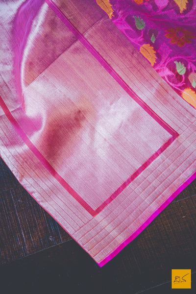 This wonderful Banarasi Kora Silk Organza Handwoven Saree has a body in pink colour. New trend of Banarasi Saree designs, Banarasi Saree for artists, art lovers, architects, saree lovers, Saree connoisseurs, musicians, dancers, doctors, Banarasi silk saree, indian saree images, latest sarees with price, only saree images, new Banarasi saree design.