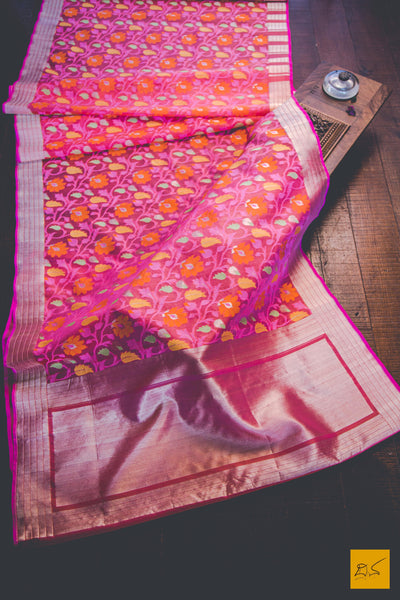 This wonderful Banarasi Kora Silk Organza Handwoven Saree has a body in pink colour. New trend of Banarasi Saree designs, Banarasi Saree for artists, art lovers, architects, saree lovers, Saree connoisseurs, musicians, dancers, doctors, Banarasi silk saree, indian saree images, latest sarees with price, only saree images, new Banarasi saree design.