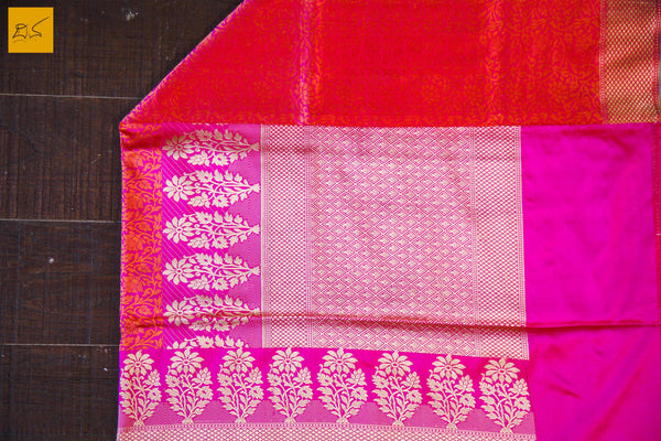 This is a gorgeous Banarasi silk Saree with pink body and has orange tanchoi work and the border has woven moghul motifs in kadhwa style. The blouse has intricately woven zari brocade work. New trend of Banarasi Saree designs, Banarasi Saree for artists, art lovers, architects, saree lovers, Saree connoisseurs, musicians, dancers, doctors, Banarasi silk saree, indian saree images, latest sarees with price, only saree images, new Banarasi saree design.