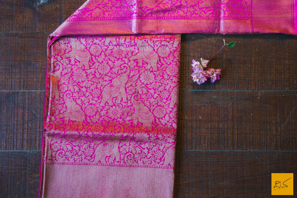 This is a gorgeous Banarasi silk Saree with with meenakari paithani pallu. The pallu is the highlight of the saree with the meena paithani work. The blouse is of magenta colour with woven border. New trend of Banarasi Saree designs, Banarasi Saree for artists, art lovers, architects, saree lovers, Saree connoisseurs, musicians, dancers, doctors, Banarasi silk saree, indian saree images, latest sarees with price, only saree images, new Banarasi saree design.