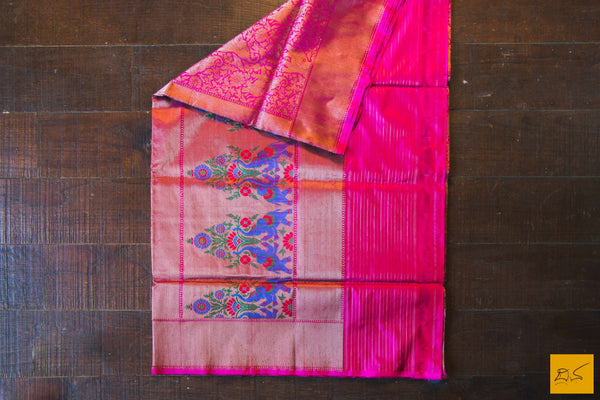 This is a gorgeous Banarasi silk Saree with with meenakari paithani pallu. The pallu is the highlight of the saree with the meena paithani work. The blouse is of magenta colour with woven border. New trend of Banarasi Saree designs, Banarasi Saree for artists, art lovers, architects, saree lovers, Saree connoisseurs, musicians, dancers, doctors, Banarasi silk saree, indian saree images, latest sarees with price, only saree images, new Banarasi saree design.