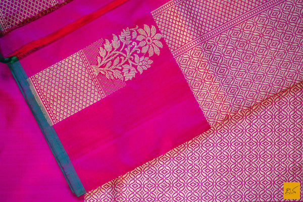 This is a gorgeous Banarasi silk Saree with pink body and has orange tanchoi work and the border has woven moghul motifs in kadhwa style. The blouse has intricately woven zari brocade work. New trend of Banarasi Saree designs, Banarasi Saree for artists, art lovers, architects, saree lovers, Saree connoisseurs, musicians, dancers, doctors, Banarasi silk saree, indian saree images, latest sarees with price, only saree images, new Banarasi saree design.