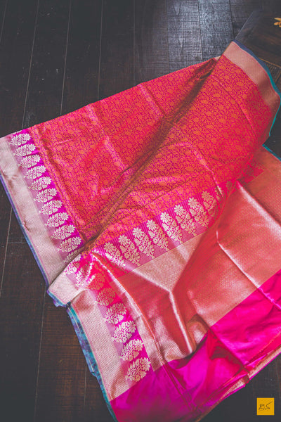 This is a gorgeous Banarasi silk Saree with pink body and has orange tanchoi work and the border has woven moghul motifs in kadhwa style. The blouse has intricately woven zari brocade work. New trend of Banarasi Saree designs, Banarasi Saree for artists, art lovers, architects, saree lovers, Saree connoisseurs, musicians, dancers, doctors, Banarasi silk saree, indian saree images, latest sarees with price, only saree images, new Banarasi saree design.