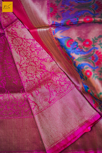 This is a gorgeous Banarasi silk Saree with with meenakari paithani pallu. The pallu is the highlight of the saree with the meena paithani work. The blouse is of magenta colour with woven border. New trend of Banarasi Saree designs, Banarasi Saree for artists, art lovers, architects, saree lovers, Saree connoisseurs, musicians, dancers, doctors, Banarasi silk saree, indian saree images, latest sarees with price, only saree images, new Banarasi saree design.