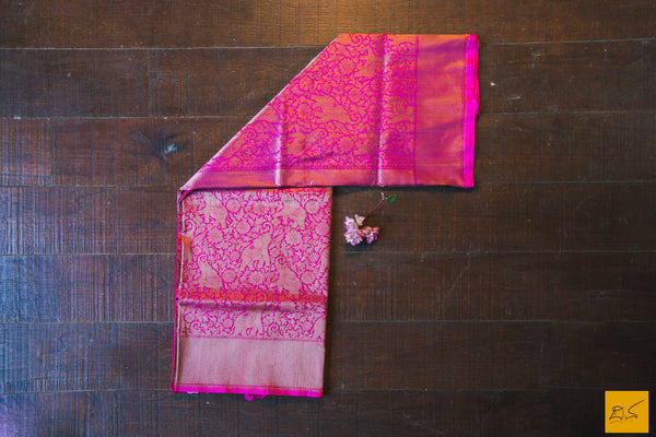 This is a gorgeous Banarasi silk Saree with with meenakari paithani pallu. The pallu is the highlight of the saree with the meena paithani work. The blouse is of magenta colour with woven border. New trend of Banarasi Saree designs, Banarasi Saree for artists, art lovers, architects, saree lovers, Saree connoisseurs, musicians, dancers, doctors, Banarasi silk saree, indian saree images, latest sarees with price, only saree images, new Banarasi saree design.