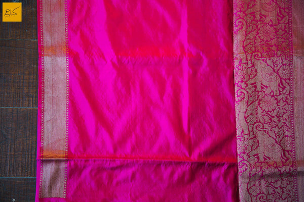 This is a gorgeous Banarasi silk Saree with with meenakari paithani pallu. The pallu is the highlight of the saree with the meena paithani work. The blouse is of magenta colour with woven border. New trend of Banarasi Saree designs, Banarasi Saree for artists, art lovers, architects, saree lovers, Saree connoisseurs, musicians, dancers, doctors, Banarasi silk saree, indian saree images, latest sarees with price, only saree images, new Banarasi saree design.