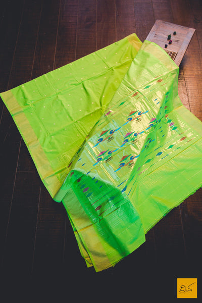 A lovely bright greenish yellow paithani cotton handwoven saree. New trend of Saree designs, Saree for artists, art lovers, architects, saree lovers, Saree connoisseurs, musicians, dancers, doctors, silk saree, indian saree images, latest sarees with price, only saree images, new saree design.