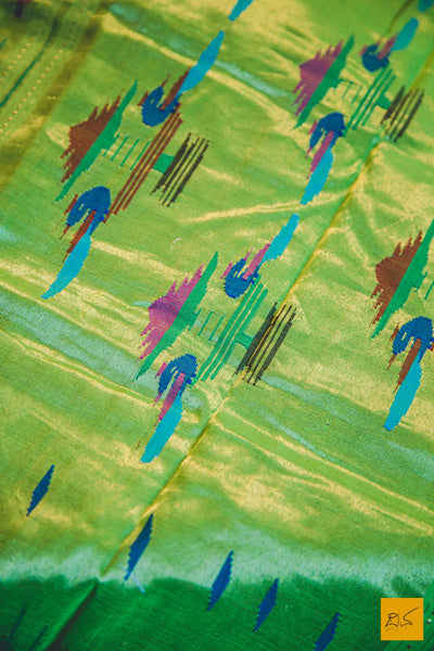 A lovely bright greenish yellow paithani cotton handwoven saree. New trend of Saree designs, Saree for artists, art lovers, architects, saree lovers, Saree connoisseurs, musicians, dancers, doctors, silk saree, indian saree images, latest sarees with price, only saree images, new saree design.