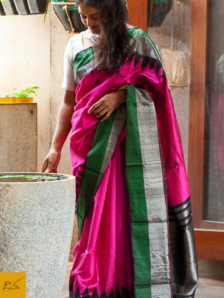 This is a gorgeous dupion silk handwoven Saree with pink, green and black body. New trend of Dupion Silk Saree designs,  Dupion Silk Saree for artists, art lovers, architects, saree lovers, Saree connoisseurs, musicians, dancers, doctors, Dupion Silk saree, indian saree images, latest sarees with price, only saree images, new Dupion Silk saree design.