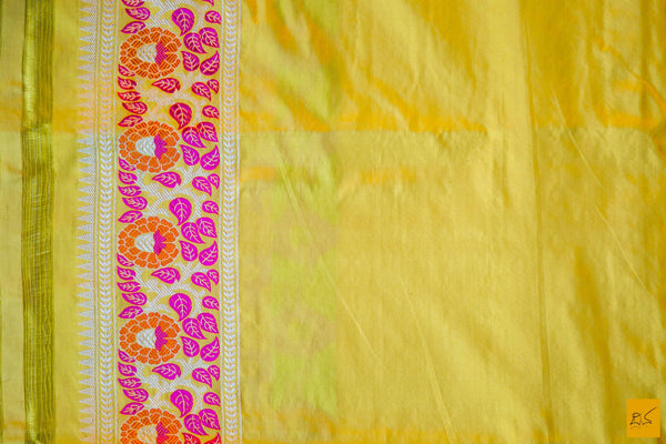 This is a gorgeous Banarasi Silk Saree with meenakari phulari border and pallu. The phulari border is so exquisite that it makes the saree stand out. The saree has small star meena buttas. The blouse is yellow in colour with the border. New trend of Banarasi Saree designs, Banarasi Saree for artists, art lovers, architects, saree lovers, Saree connoisseurs, musicians, dancers, doctors, Banarasi silk saree, indian saree images, latest sarees with price, only saree images, new Banarasi saree design.