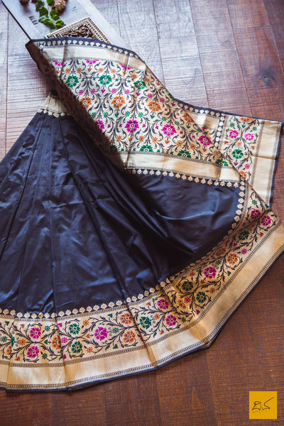 A beautiful banarasi katan silk handwoven sari with paithani border and pallu. New trend of Banarasi Saree designs, Banarasi Saree for artists, art lovers, architects, saree lovers, Saree connoisseurs, musicians, dancers, doctors, Banarasi katan silk saree, indian saree images, latest sarees with price, only saree images, new Banarasi saree design.