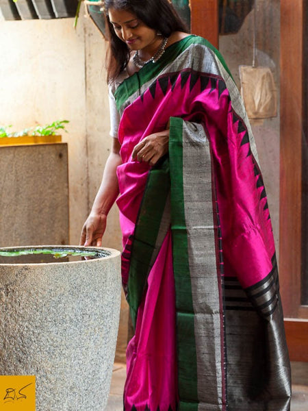This is a gorgeous dupion silk handwoven Saree with pink, green and black body. New trend of Dupion Silk Saree designs,  Dupion Silk Saree for artists, art lovers, architects, saree lovers, Saree connoisseurs, musicians, dancers, doctors, Dupion Silk saree, indian saree images, latest sarees with price, only saree images, new Dupion Silk saree design.