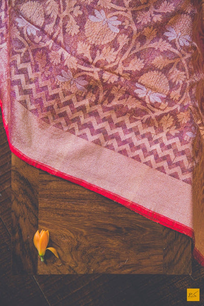 This is a gorgeous net Banarasi handwoven silk Saree with pink body and a red slevedge. New trend of Banarasi Saree designs, Banarasi Saree for artists, art lovers, architects, saree lovers, Saree connoisseurs, musicians, dancers, doctors, Banarasi silk saree, indian saree images, latest sarees with price, only saree images, new Banarasi saree design.