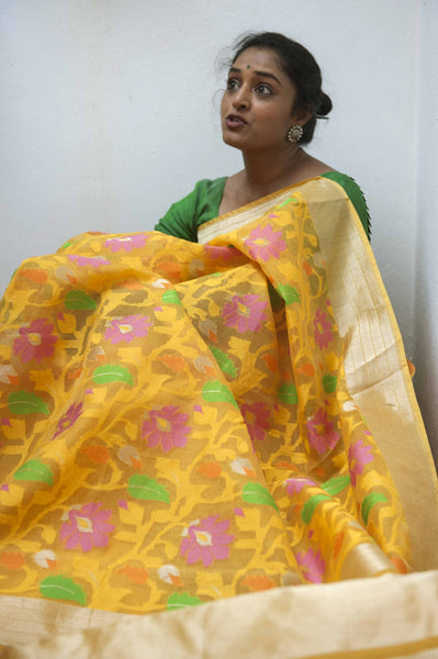 Bumblebee Yellow Banarasi Kora Silk Organza Handwoven Saree