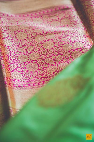 This is a beautiful katan silk banarasi sari with a pink border and kadhwa motifs. It's speciality is its Kadhiyal border. It is dyed and woven with different colour which makes it the authentic Kadhiyal. New trend of Banarasi Saree designs, Banarasi Saree for artists, art lovers, architects, saree lovers, Saree connoisseurs, musicians, dancers, doctors, Banarasi Katan silk saree, indian saree images, latest sarees with price, only saree images, new Banarasi saree design.
